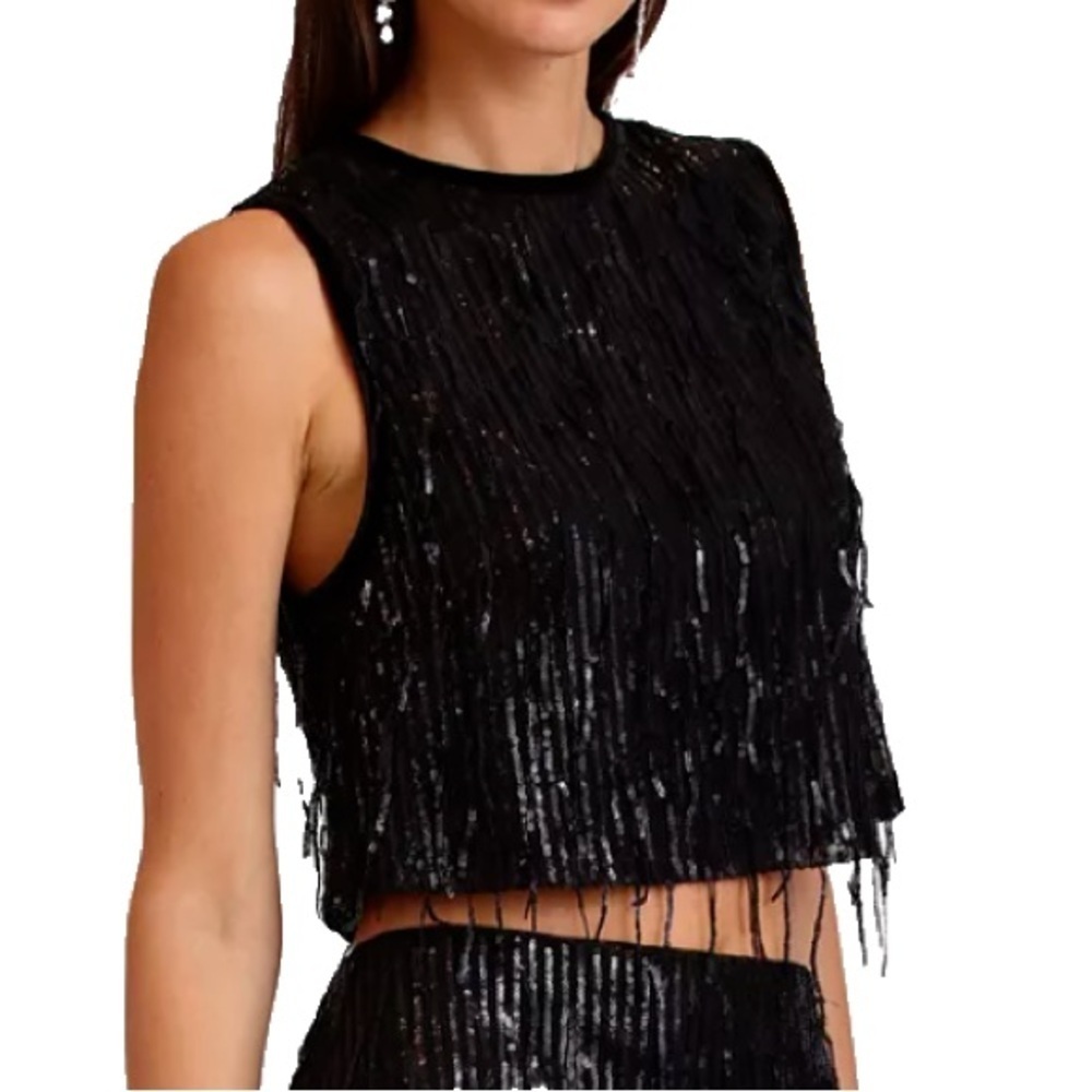 NWT AVEC LES FILLES Sequin Fringe Pullover Tank Top In Black Size XS stretch
